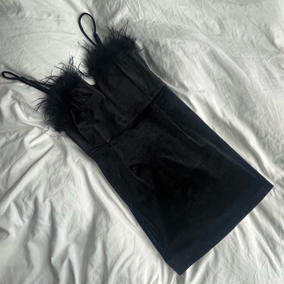 Black Velvet & Feathers Mini Dress - Picture 2 of 5